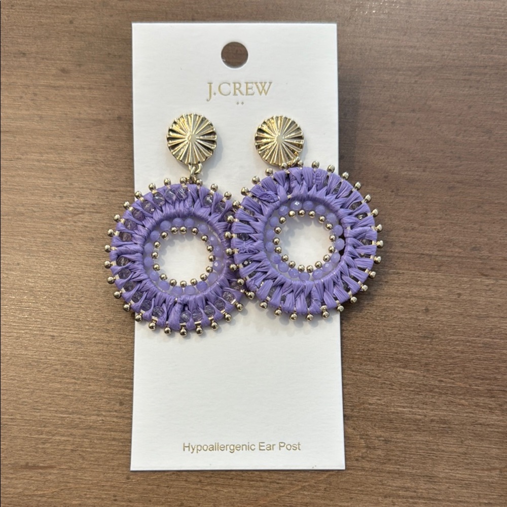 J. Crew Purple and Gold Statement Earrings with Intricate Design